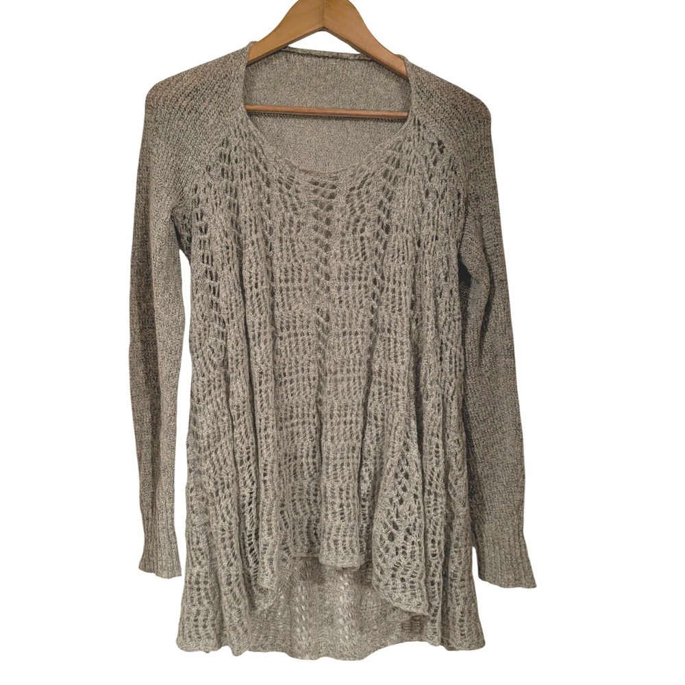Simply Noelle Sweater S/M Grey Open Knit High Low Boho Crochet Marled Pullover